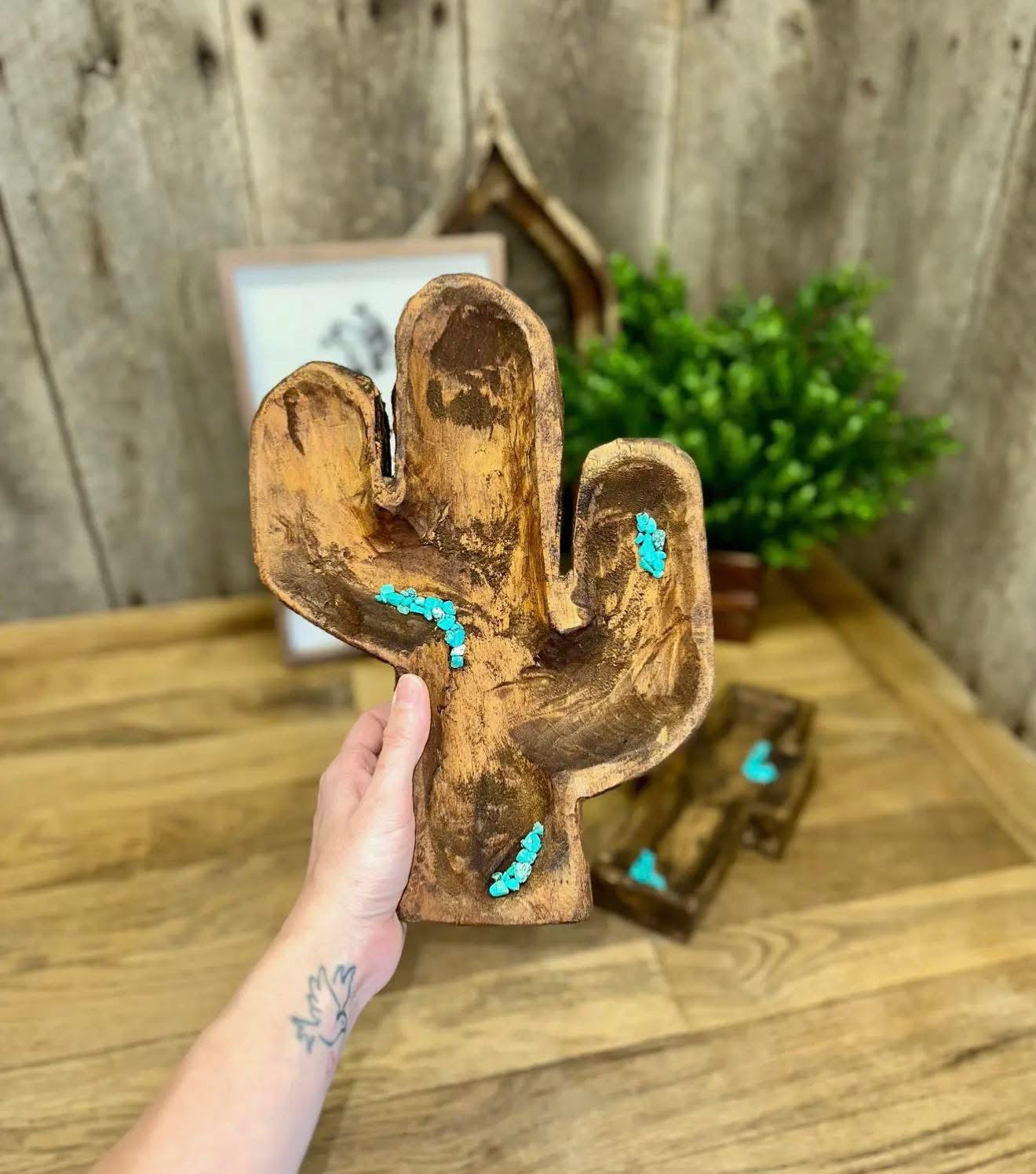 Hand-Carved Wooden Dough Bowl with Turquoise Accents